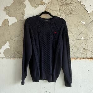 Cable Knit Sweater Mens L Perlis Crawfish Logo Crewneck Pullover Heritage Prep